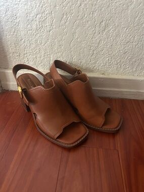 Franco Sarto Tan Brown Open-Toe Slingback Heels